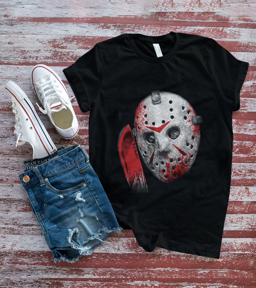 Friday The 13th Movie Jason Voorhees Mask With Bloody Machete Face T-Shirt