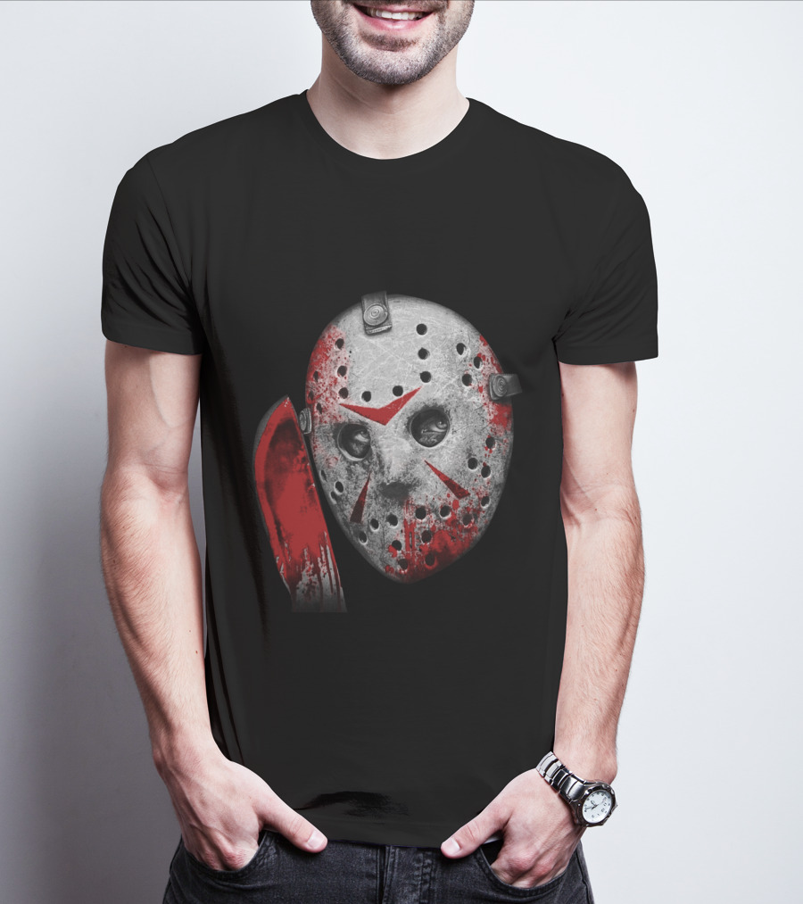 Friday The 13th Movie Jason Voorhees Mask With Bloody Machete Face T-Shirt