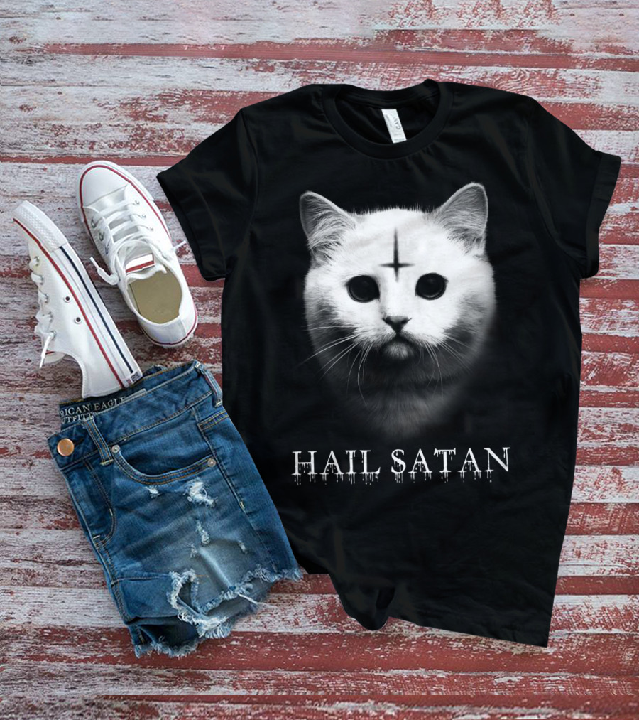 Hail Satan Cat With Inverted Cross T-Shirt