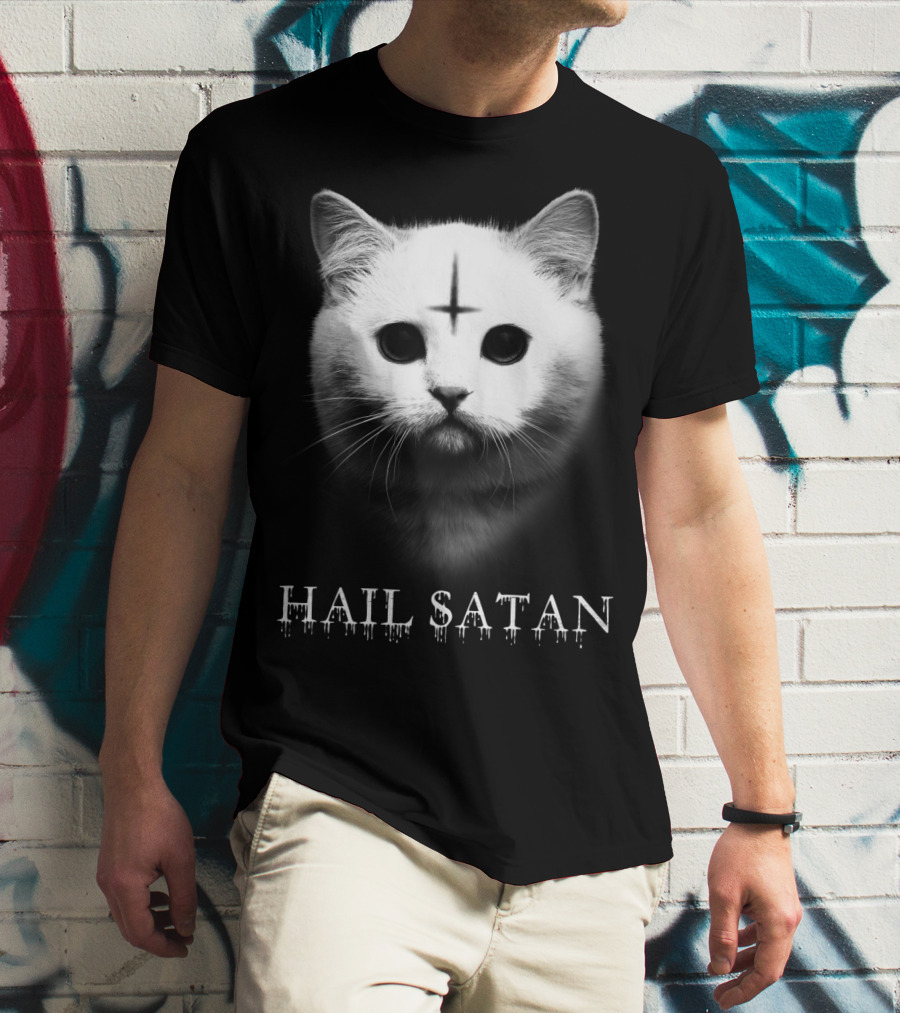 Hail Satan Cat With Inverted Cross T-Shirt