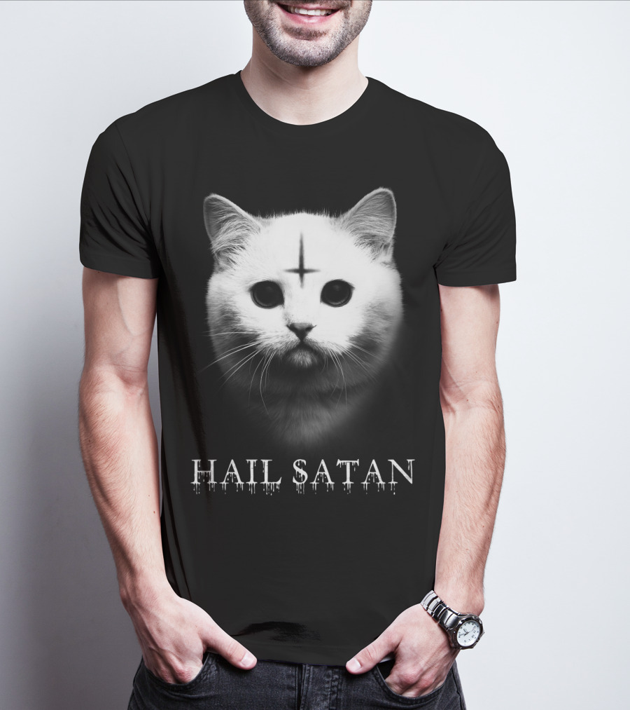 Hail Satan Cat With Inverted Cross T-Shirt