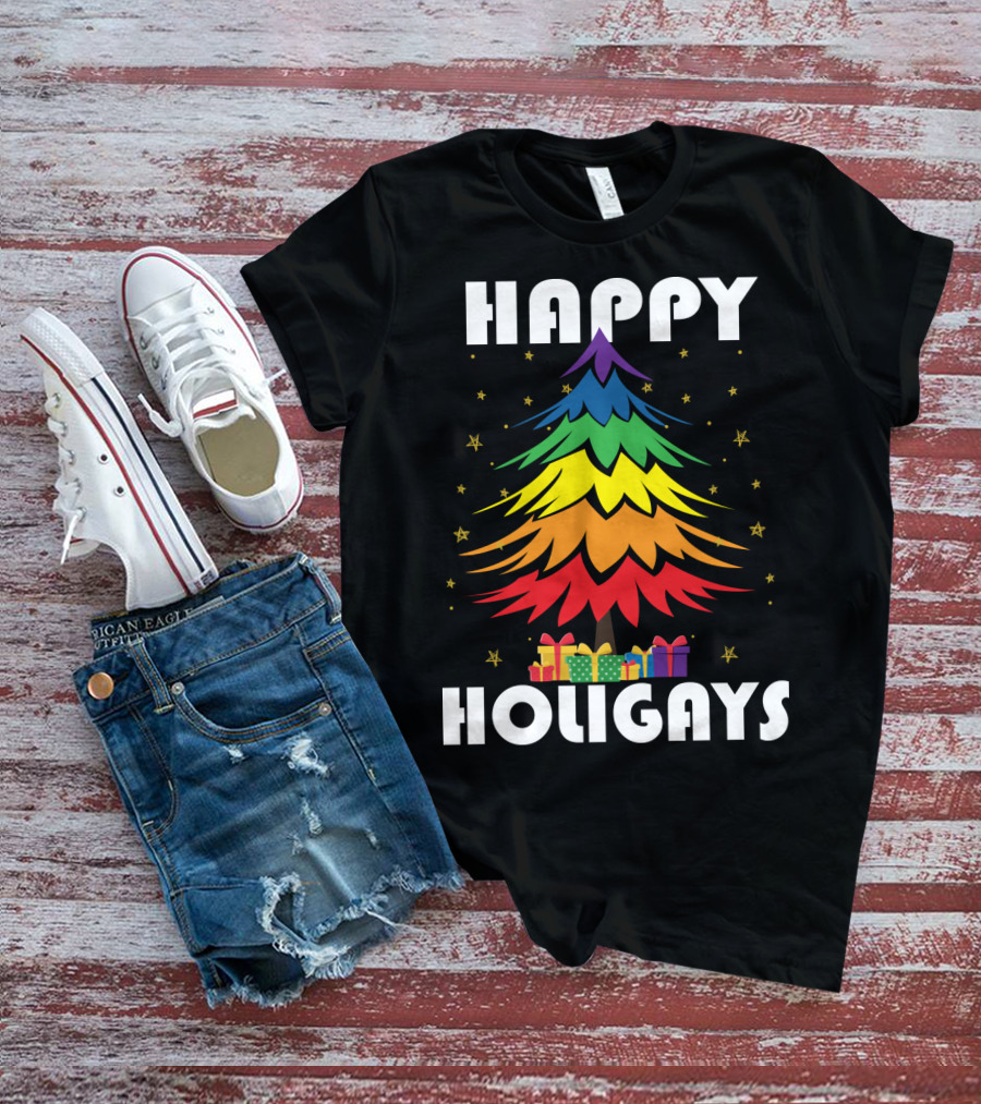 Happy Holigays Rainbow Christmas Tree And Presents T-Shirt