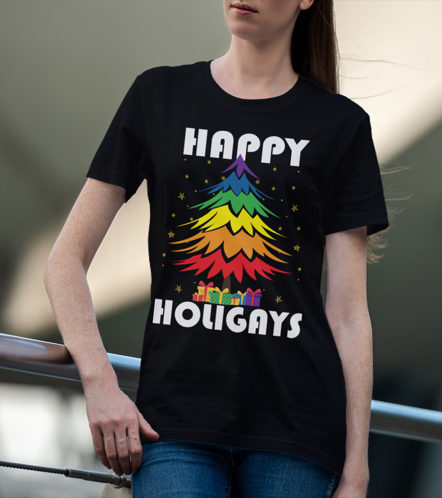 Happy Holigays Rainbow Christmas Tree And Presents T-Shirt