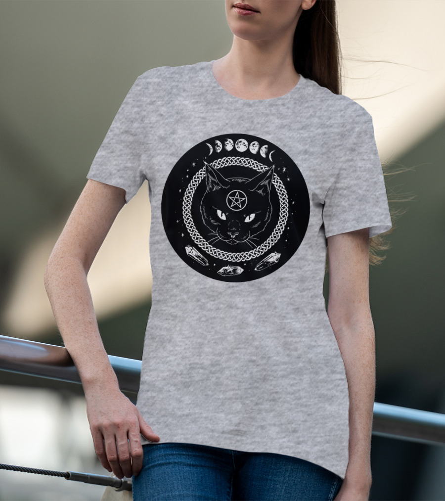 Cat Moon Magic Pentacle Phases Crystals Lunar Cycle T-Shirt