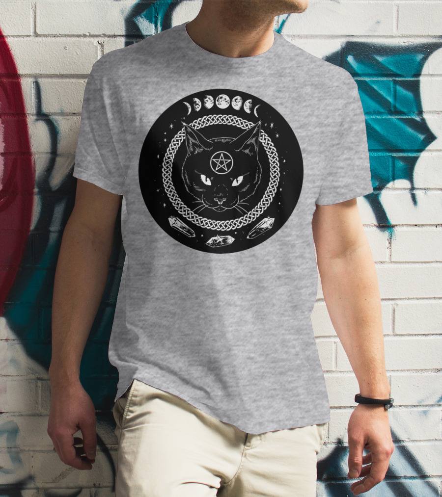 Cat Moon Magic Pentacle Phases Crystals Lunar Cycle T-Shirt