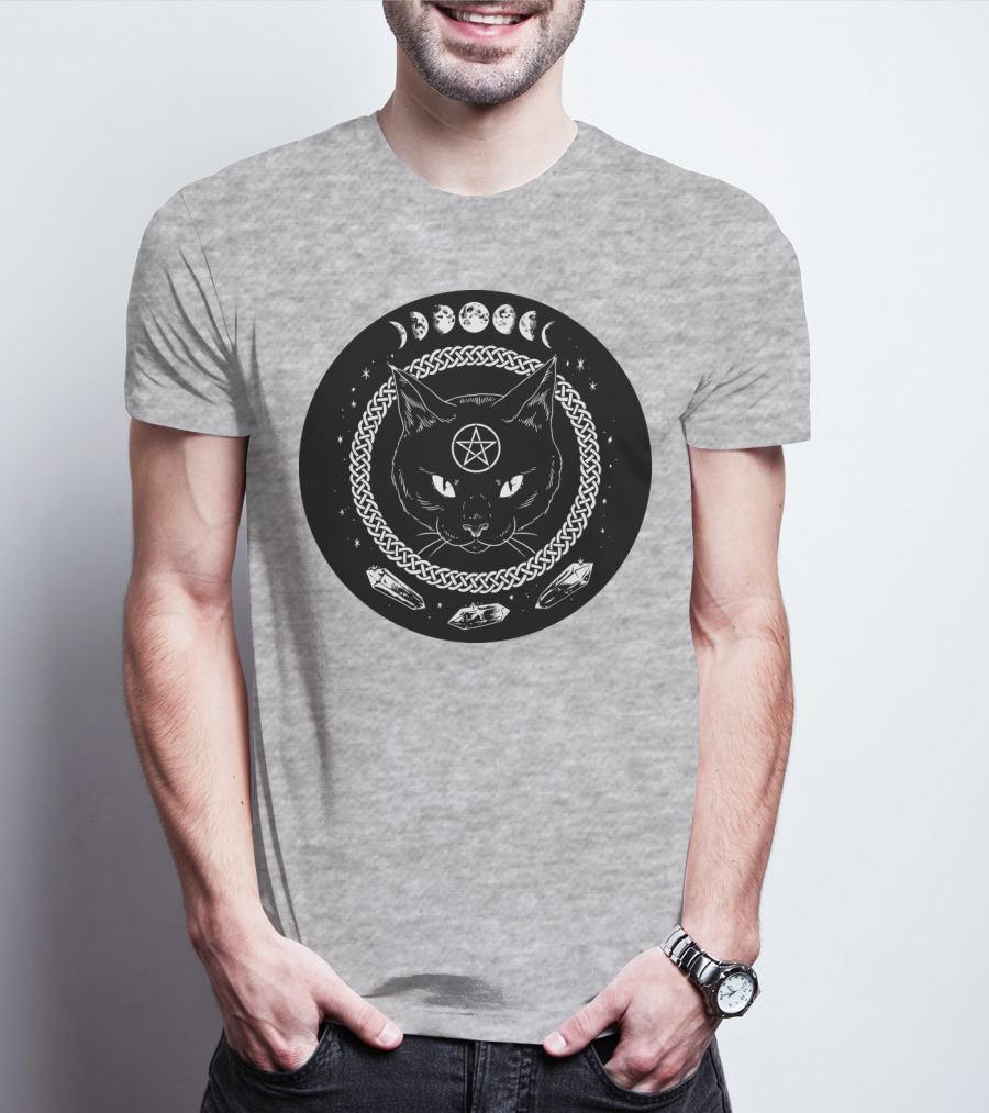 Cat Moon Magic Pentacle Phases Crystals Lunar Cycle T-Shirt