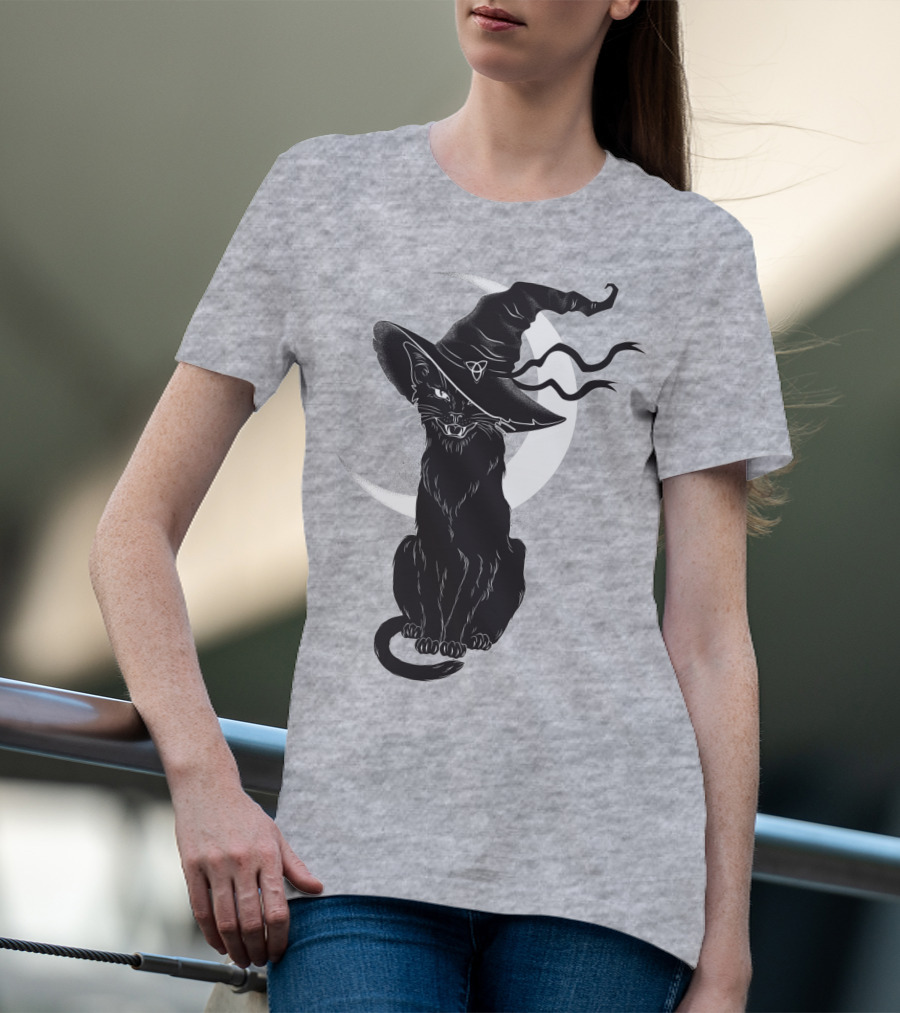 Cat Witch With Crescent Moon And Magic Hat T-Shirt