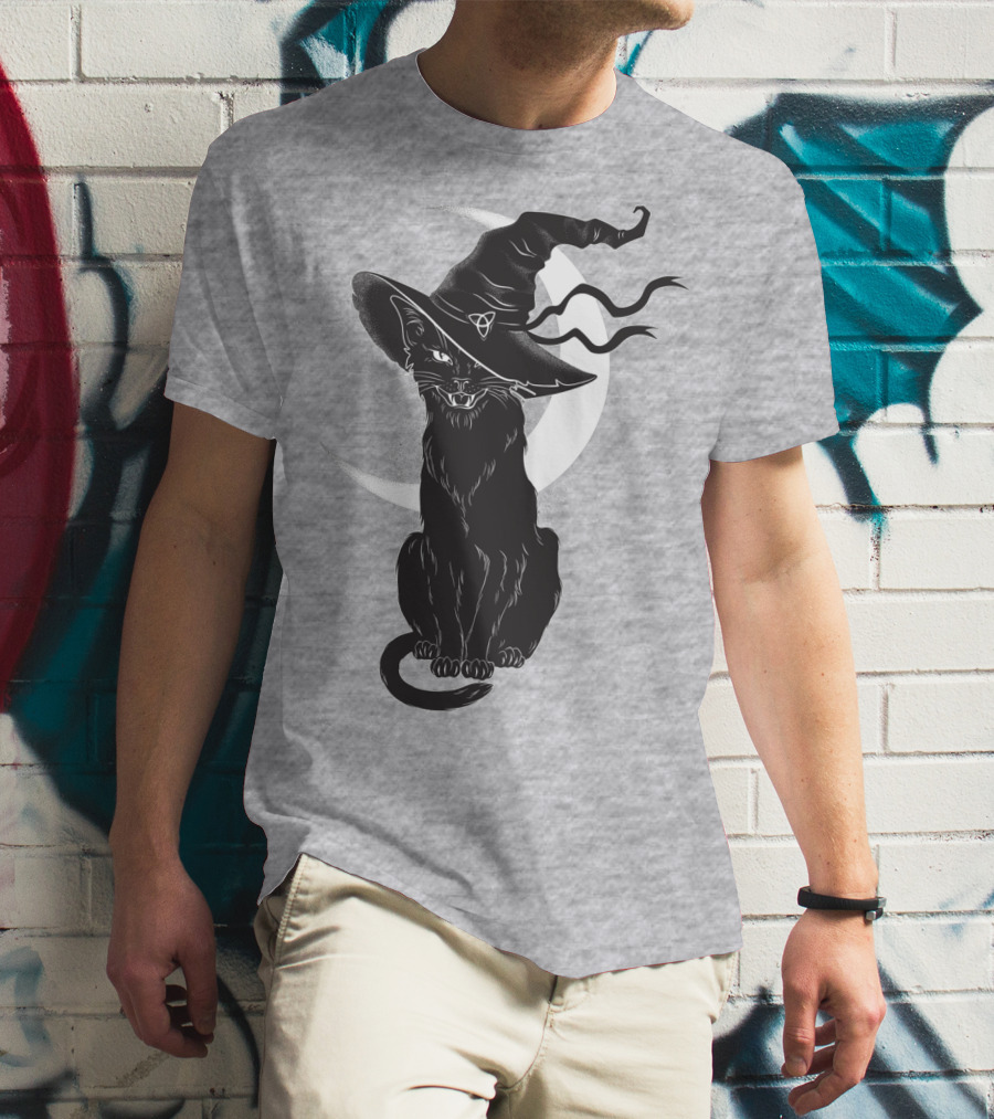 Cat Witch With Crescent Moon And Magic Hat T-Shirt