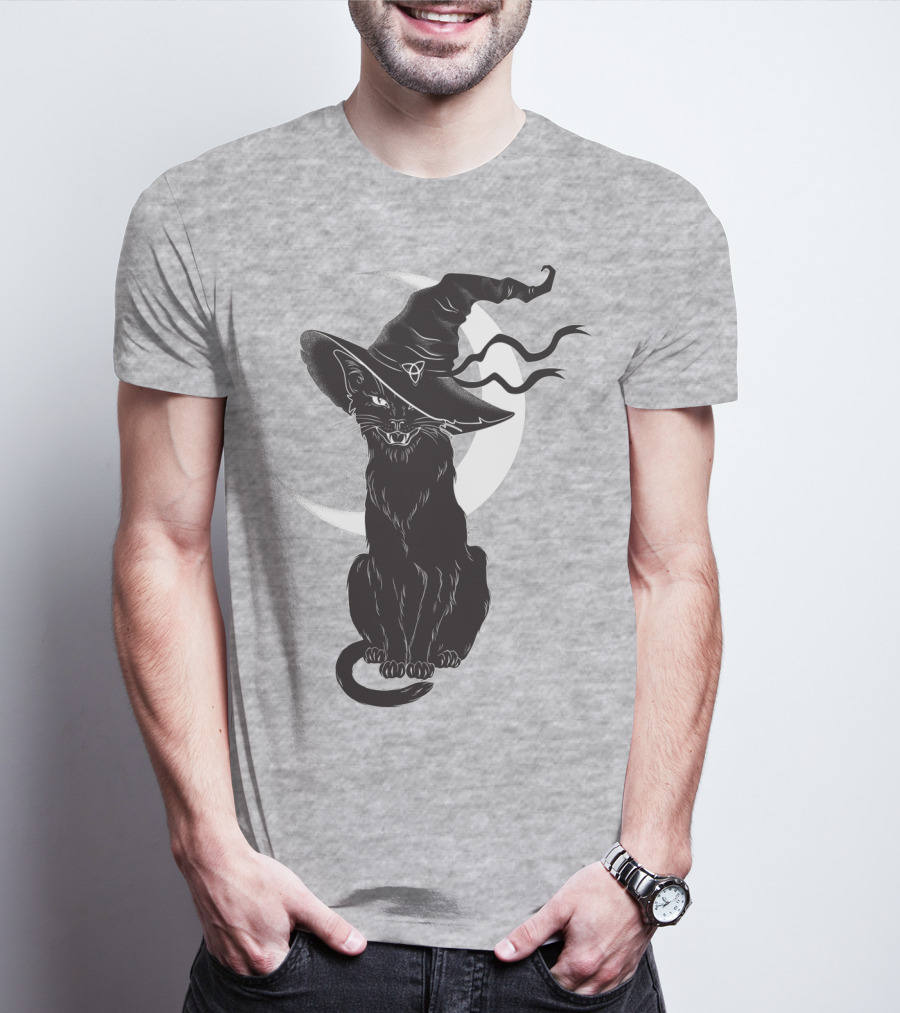 Cat Witch With Crescent Moon And Magic Hat T-Shirt