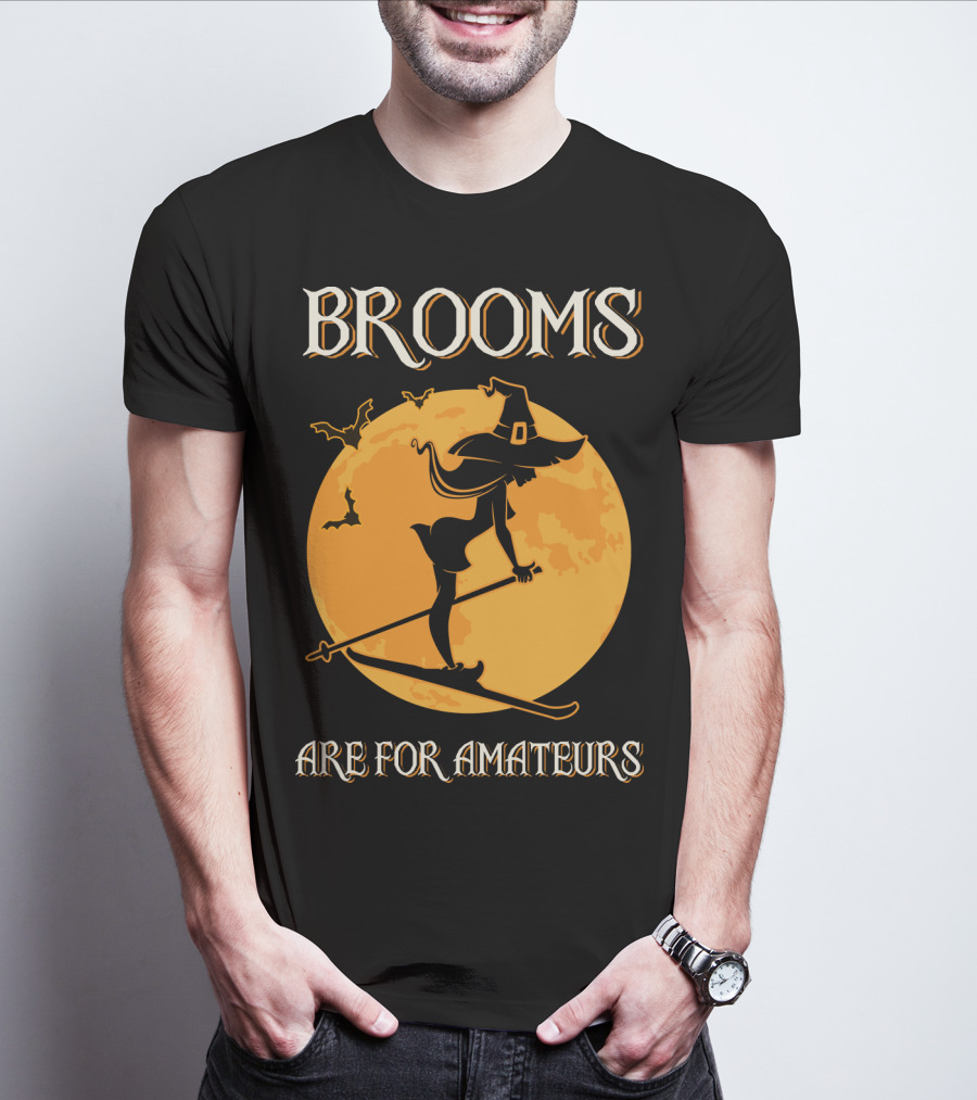 Brooms Are For Amateurs Witch Skiing Silhouette Halloween Moon T-Shirt