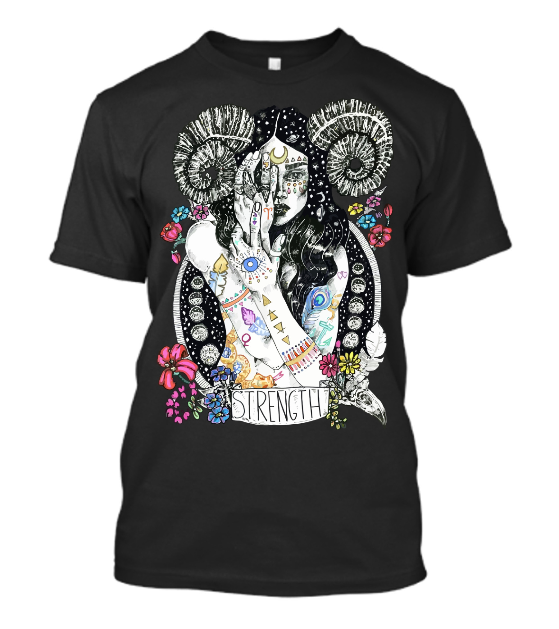 Strength Zodiac Goddess With Symbols And Flowers T-Shirt