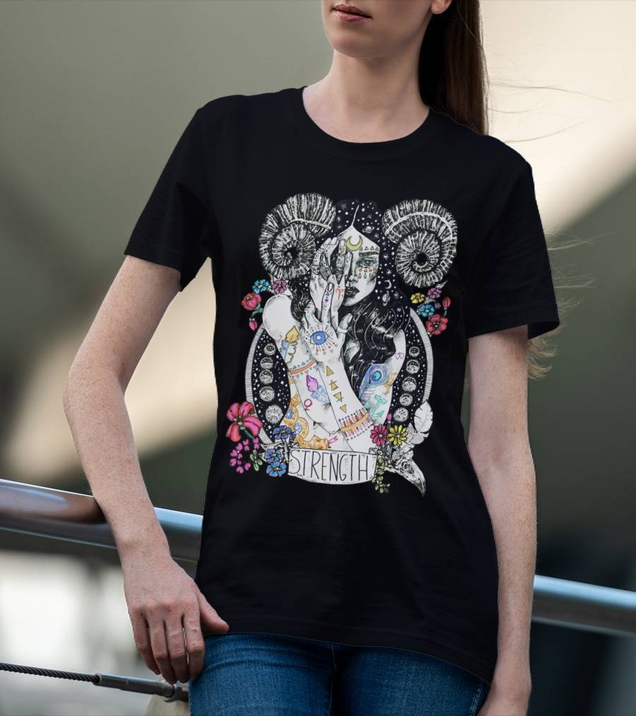 Strength Zodiac Goddess With Symbols And Flowers T-Shirt