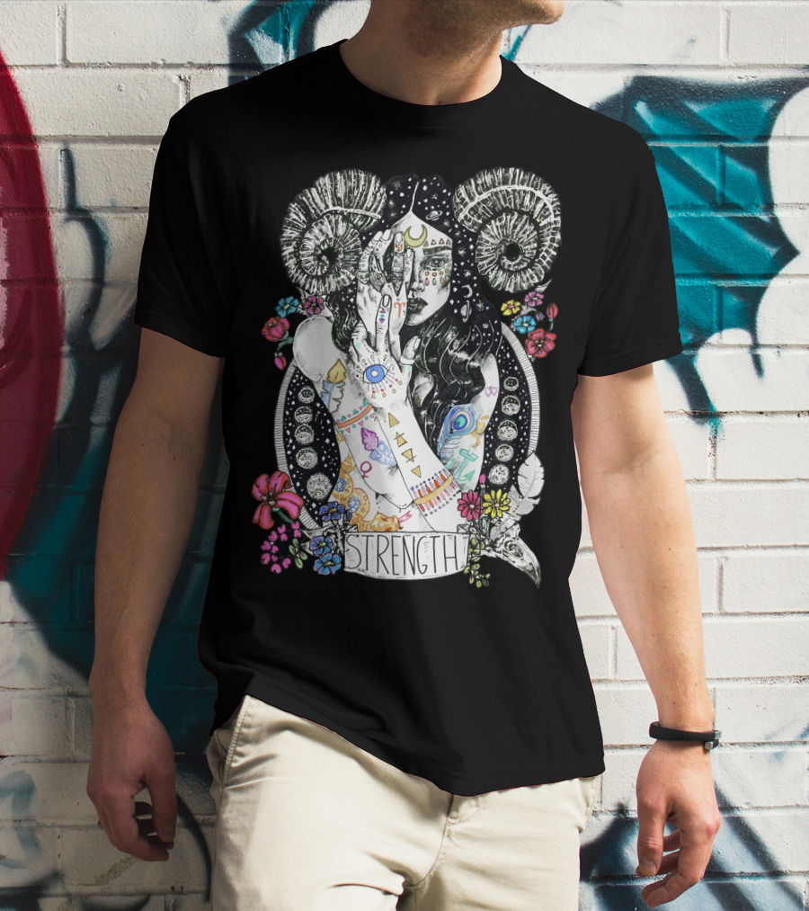 Strength Zodiac Goddess With Symbols And Flowers T-Shirt
