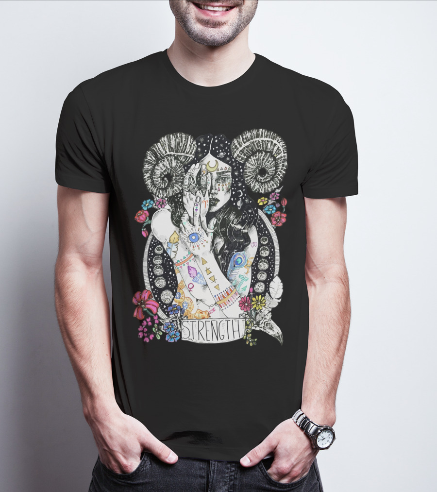 Strength Zodiac Goddess With Symbols And Flowers T-Shirt