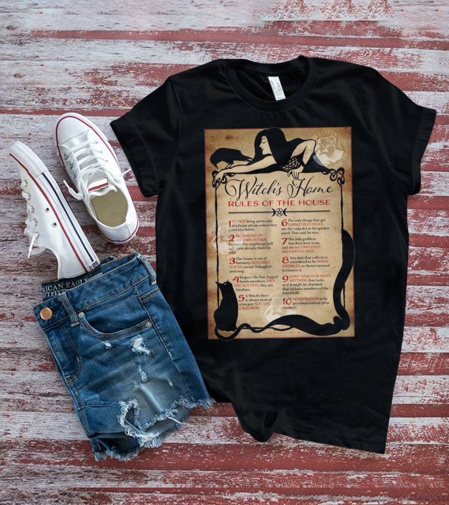Witch's Home Rules Of The House Guide With Black Cat, Raven, Potion, Magic, And Enchanting Text Elements T-Shirt