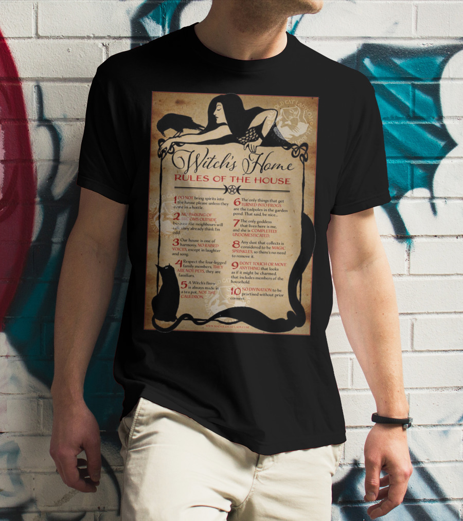 Witch's Home Rules Of The House Guide With Black Cat, Raven, Potion, Magic, And Enchanting Text Elements T-Shirt