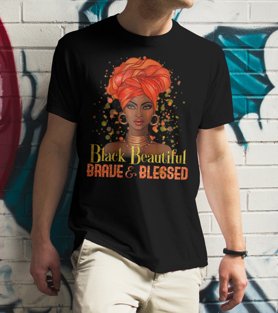 Black Beautiful Brave And Blessed African Woman With Orange Headwrap T-Shirt