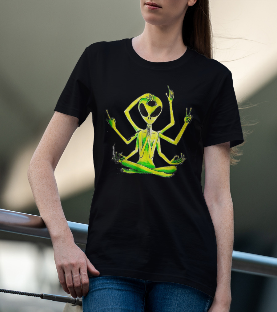 Alien Third Eye Meditation Yoga Pose With Multiple Arms T-Shirt