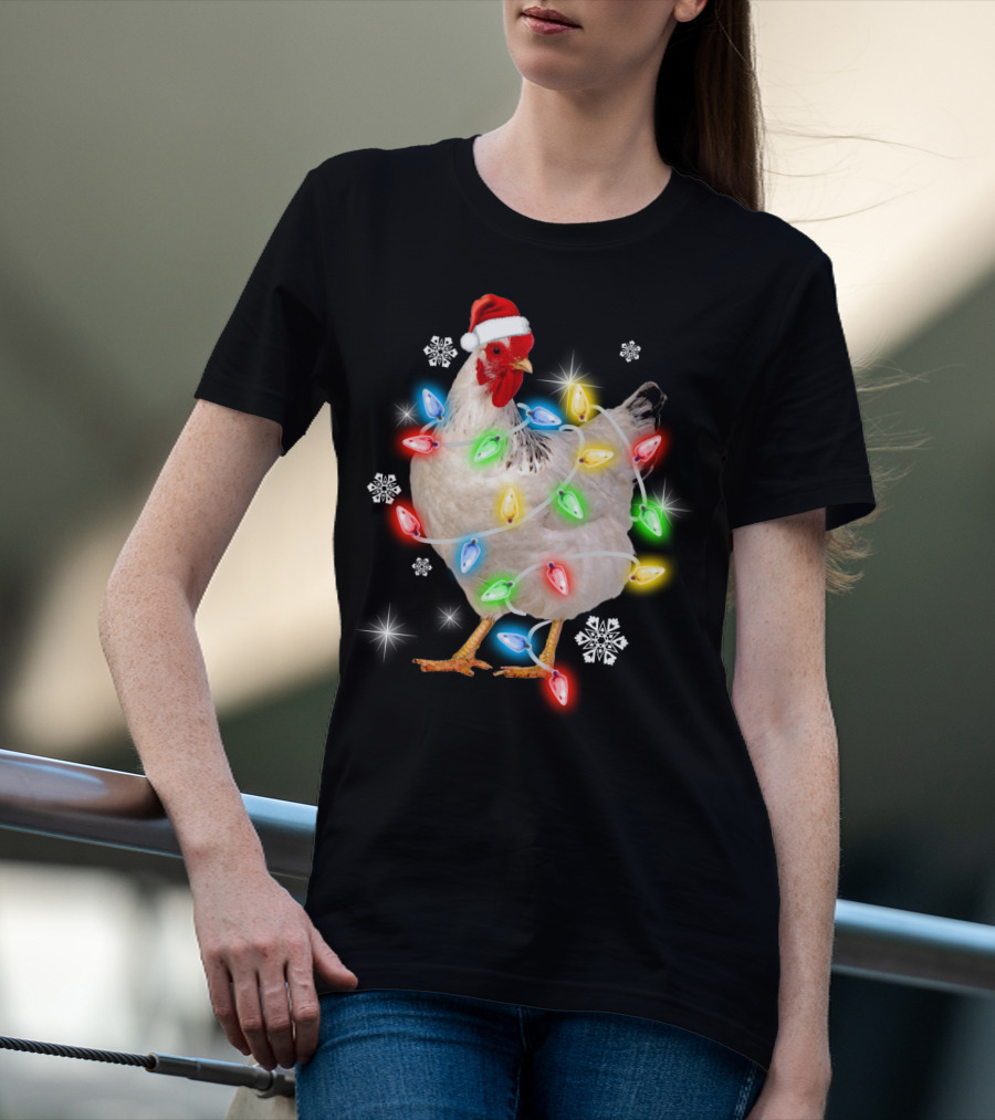 Chicken Noel Christmas Lights Santa Hat Snowflakes T-Shirt