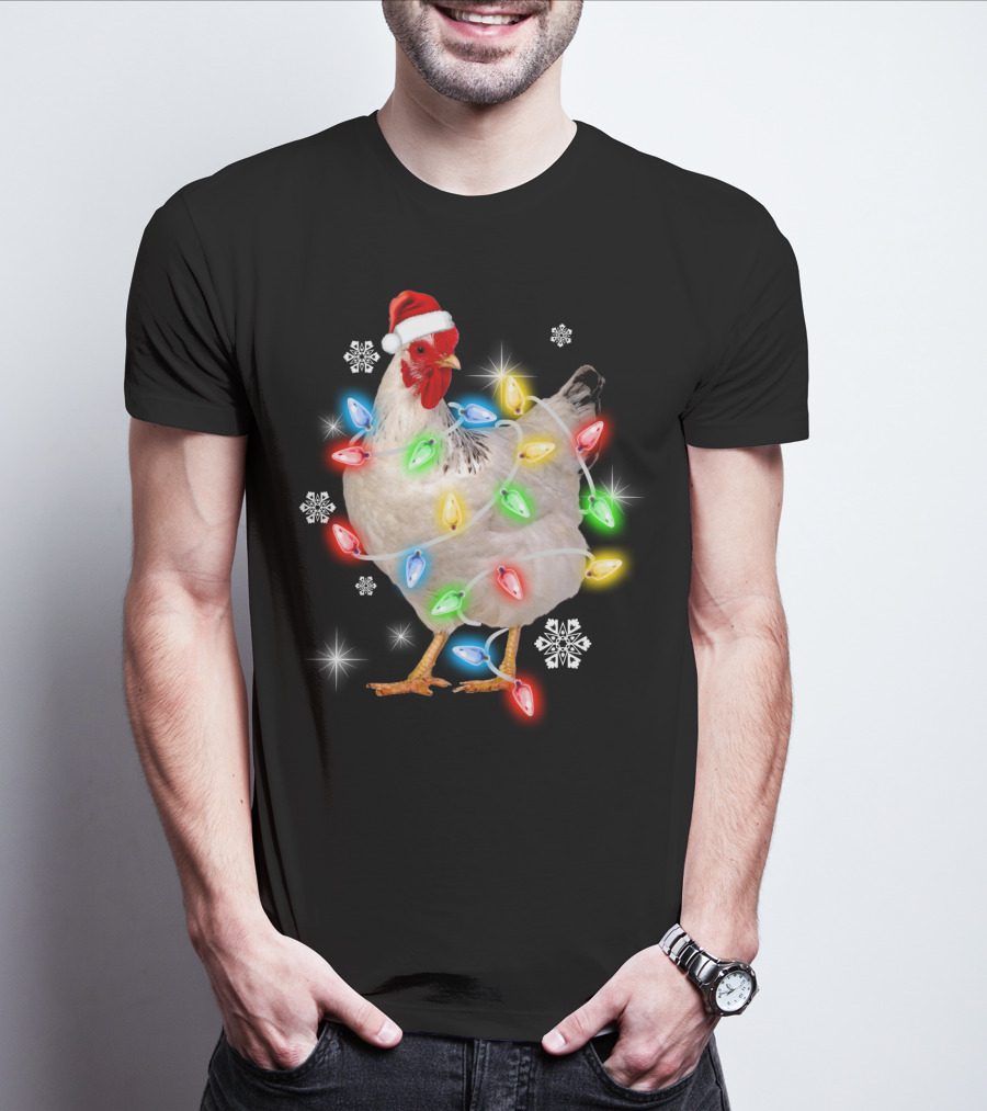 Chicken Noel Christmas Lights Santa Hat Snowflakes T-Shirt