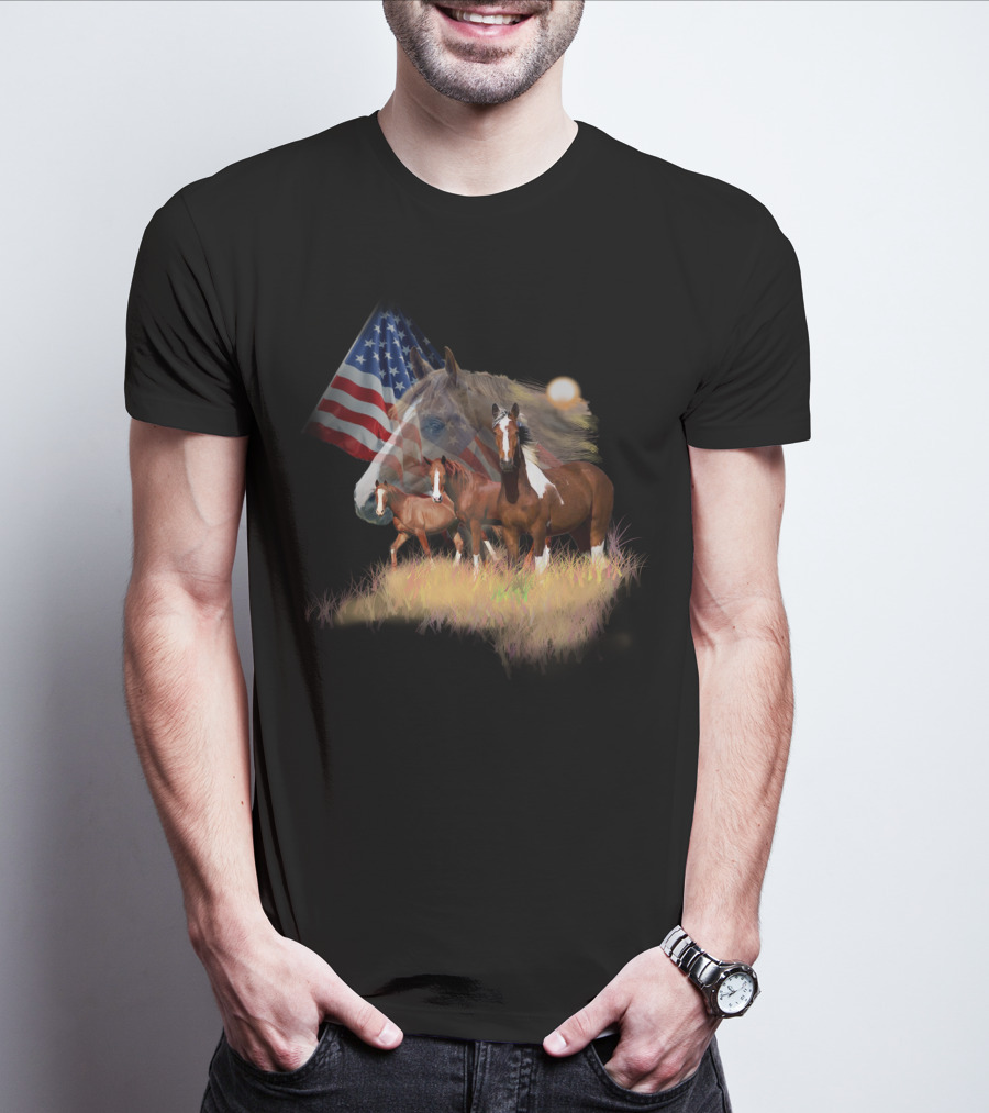 American Flag Majestic Horse Trio T-Shirt