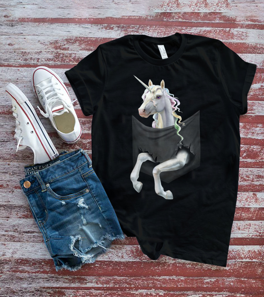 Unicorn Peeking From Torn Pocket T-Shirt