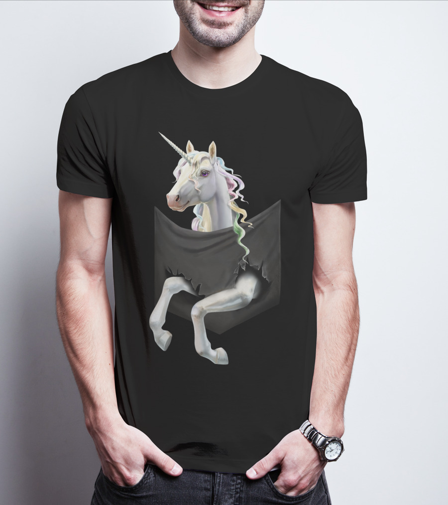 Unicorn Peeking From Torn Pocket T-Shirt