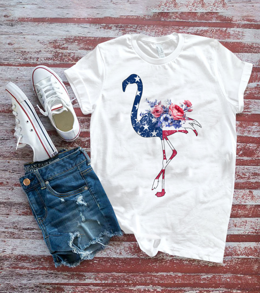 Flamingo American Flag Stars And Stripes With Floral T-Shirt