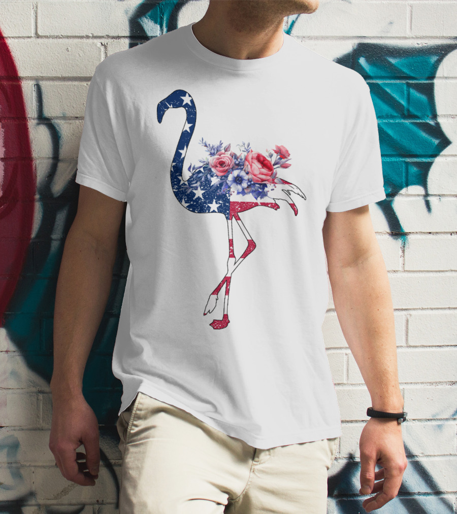 Flamingo American Flag Stars And Stripes With Floral T-Shirt