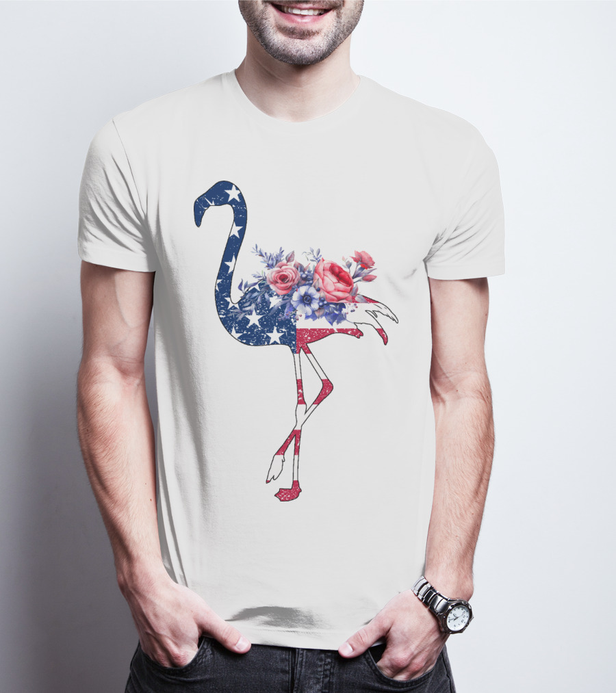 Flamingo American Flag Stars And Stripes With Floral T-Shirt