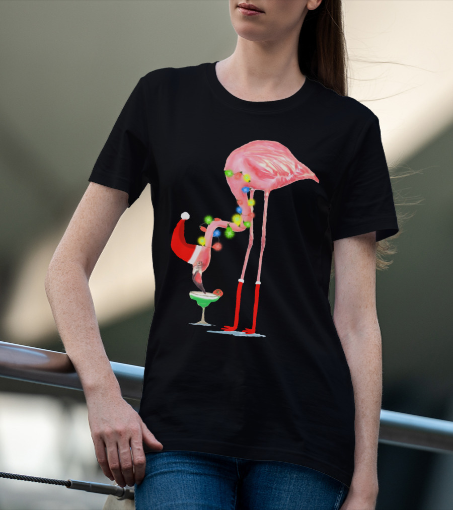 Flamingo Christmas Cocktail Santa Hat And Lights T-Shirt
