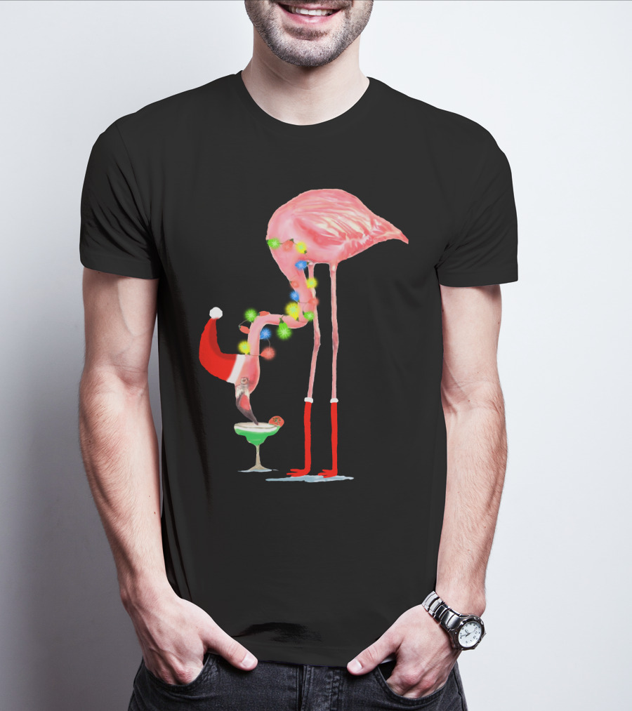 Flamingo Christmas Cocktail Santa Hat And Lights T-Shirt