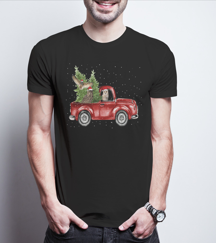 Owl Christmas Red Truck With Santa Hats And Tree T-Shirt