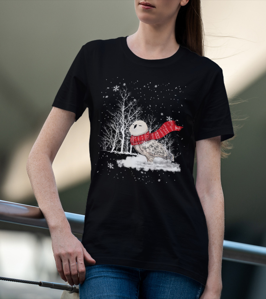 Snowy Owl Red Scarf Winter Scene T-Shirt