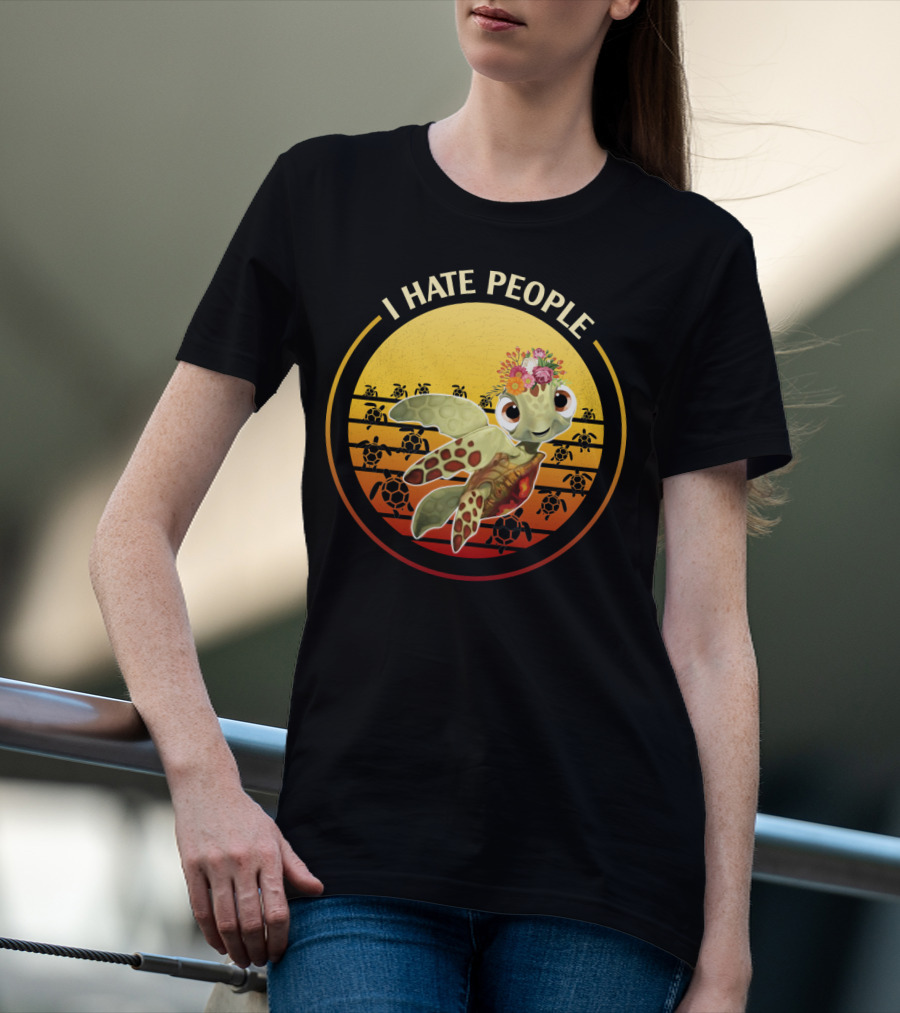 I Hate People Flower Turtle Retro Sunset T-Shirt