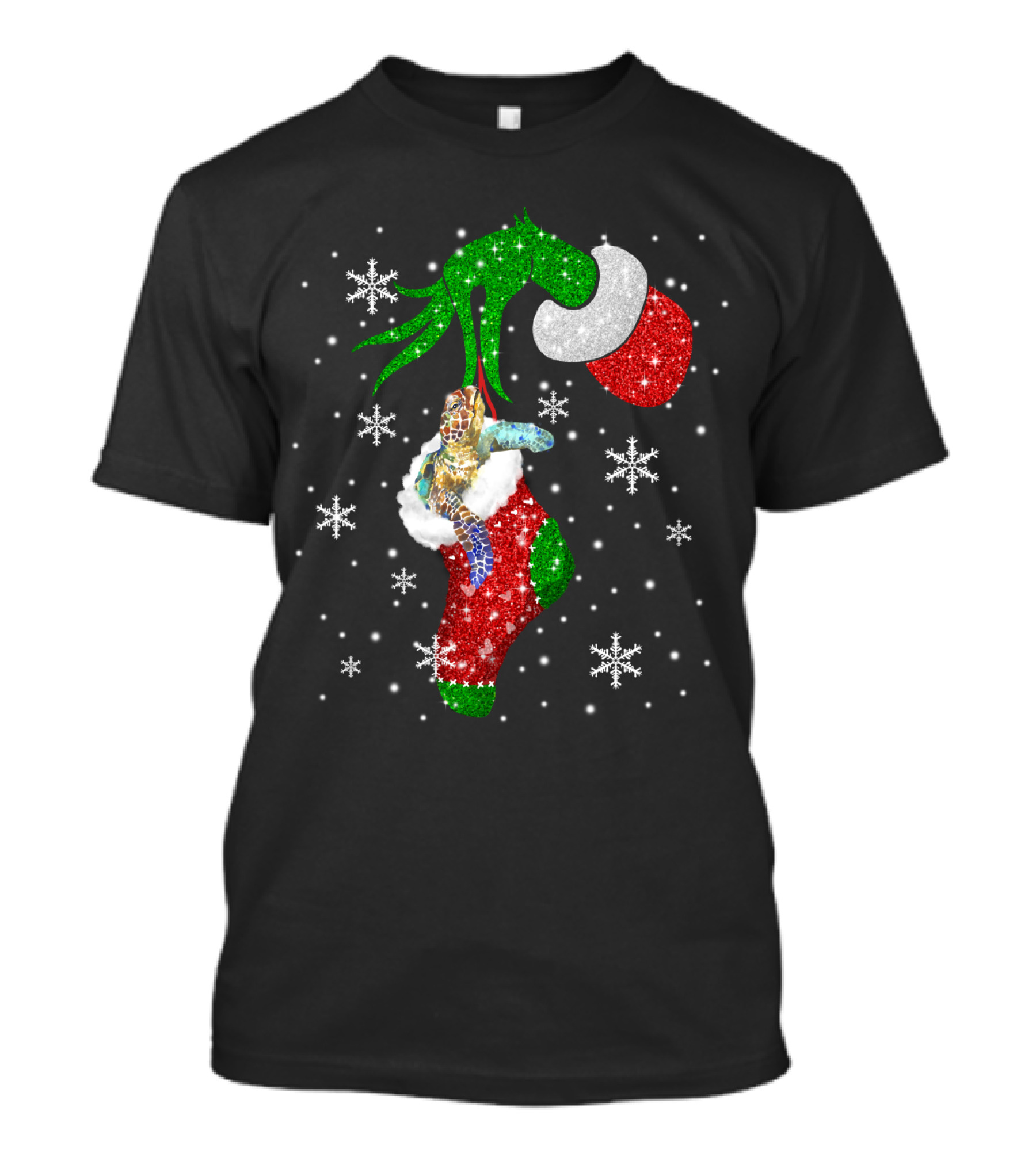 Grinch Christmas Turtle In Glittery Stocking With Snowflakes T-Shirt
