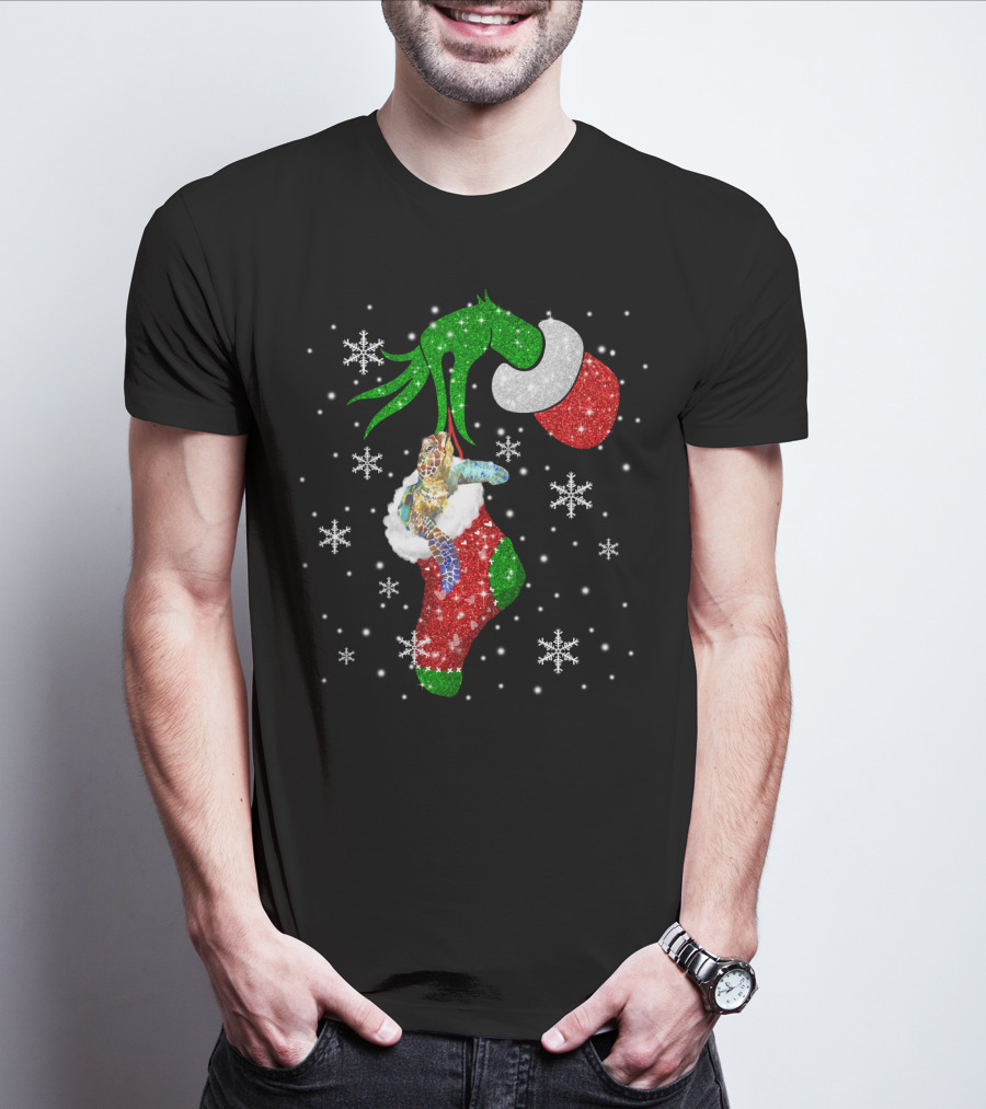 Grinch Christmas Turtle In Glittery Stocking With Snowflakes T-Shirt