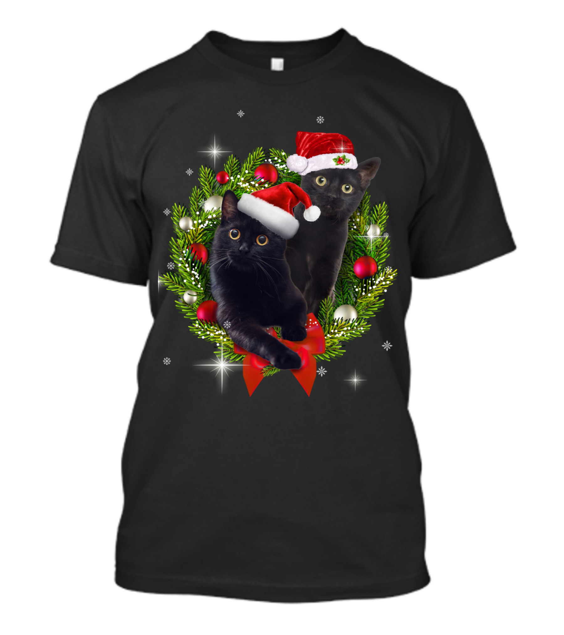 Cats In Santa Hats With Christmas Wreath T-Shirt