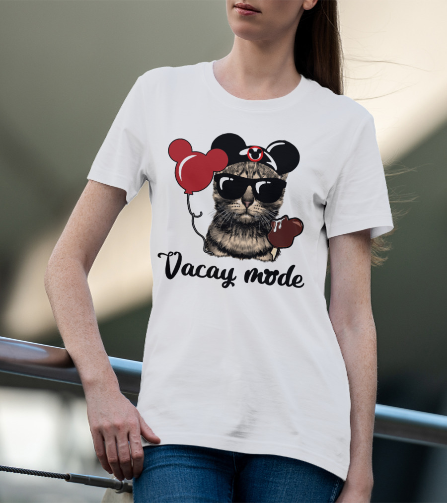 Vacay Mode Cat With Mouse Ears, Balloon, Sunglasses, Chocolate For Fans T-Shirt