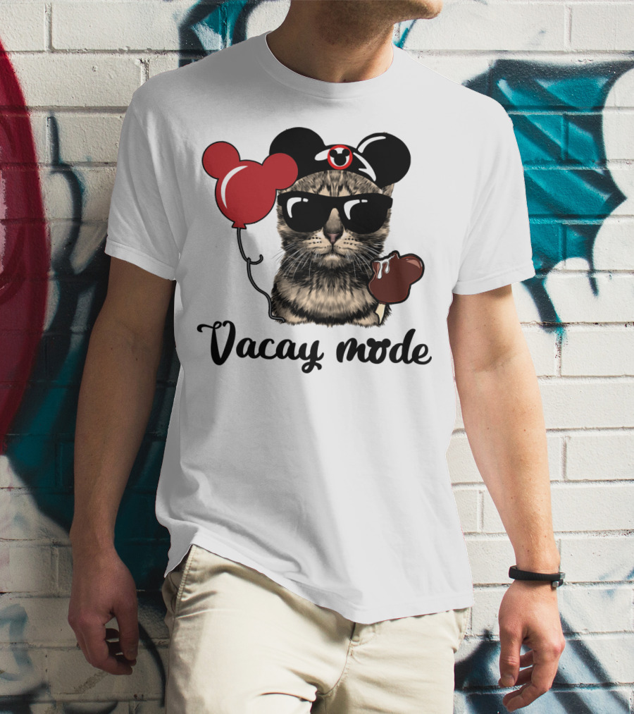 Vacay Mode Cat With Mouse Ears, Balloon, Sunglasses, Chocolate For Fans T-Shirt