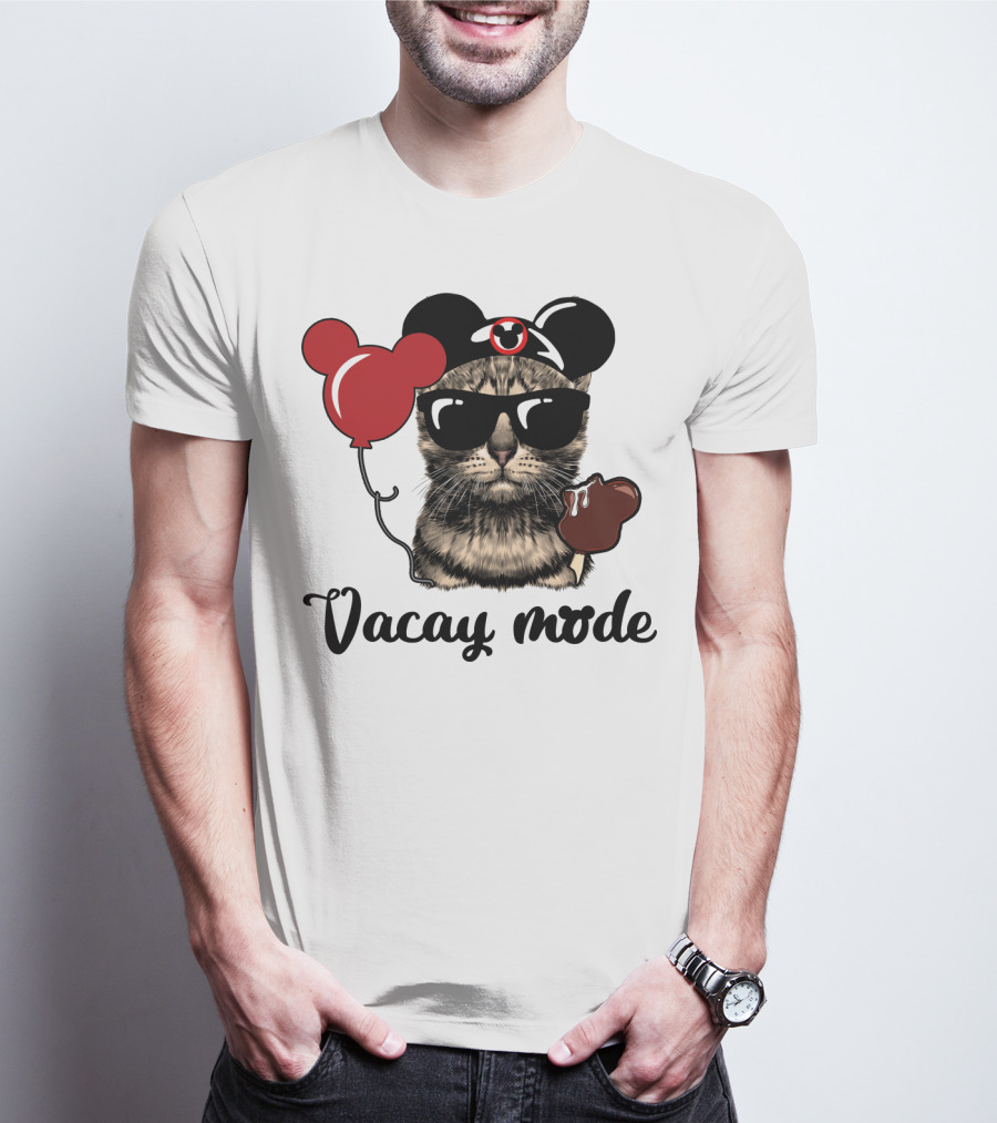 Vacay Mode Cat With Mouse Ears, Balloon, Sunglasses, Chocolate For Fans T-Shirt