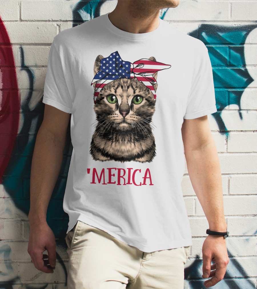 Cat With American Flag Bandana 'Merica T-Shirt