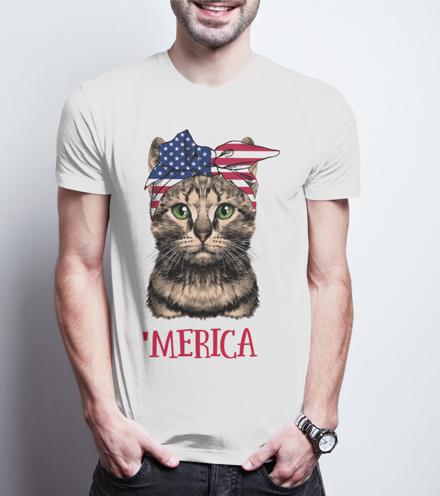 Cat With American Flag Bandana 'Merica T-Shirt