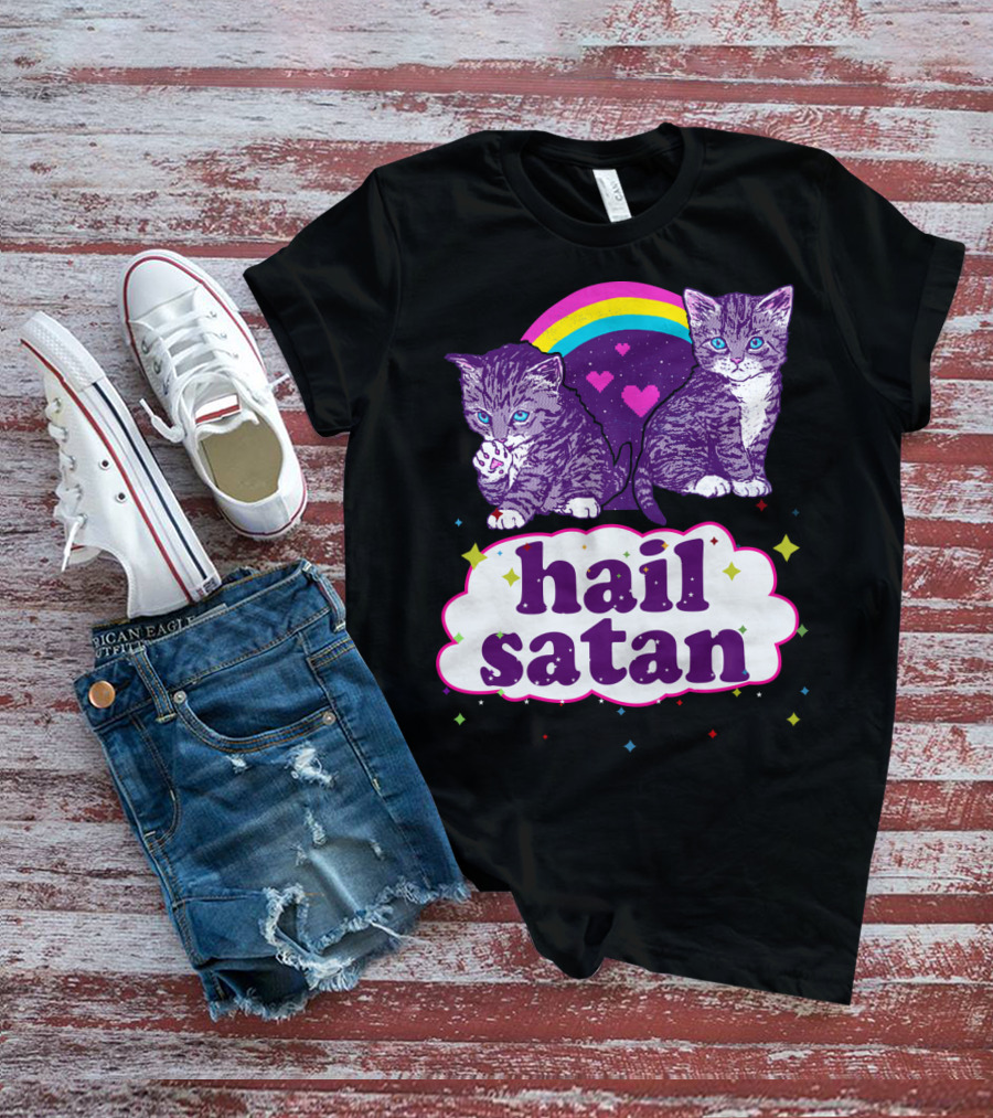 Hail Satan Cats With Rainbow And Hearts T-Shirt