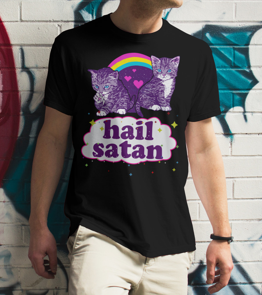 Hail Satan Cats With Rainbow And Hearts T-Shirt