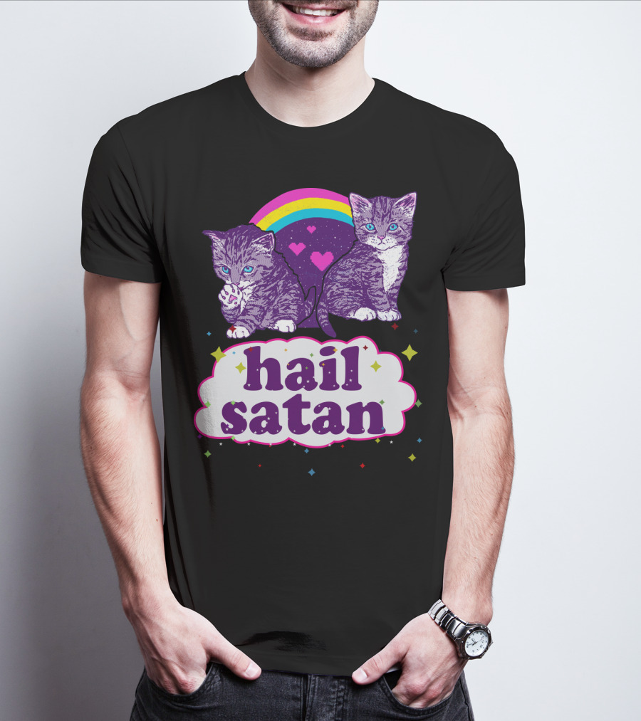 Hail Satan Cats With Rainbow And Hearts T-Shirt