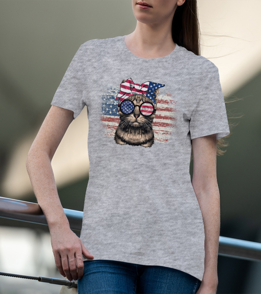 Cat American Flag Glasses Bandana T-Shirt