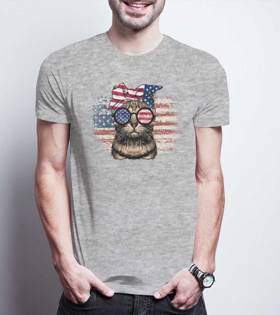 Cat American Flag Glasses Bandana T-Shirt