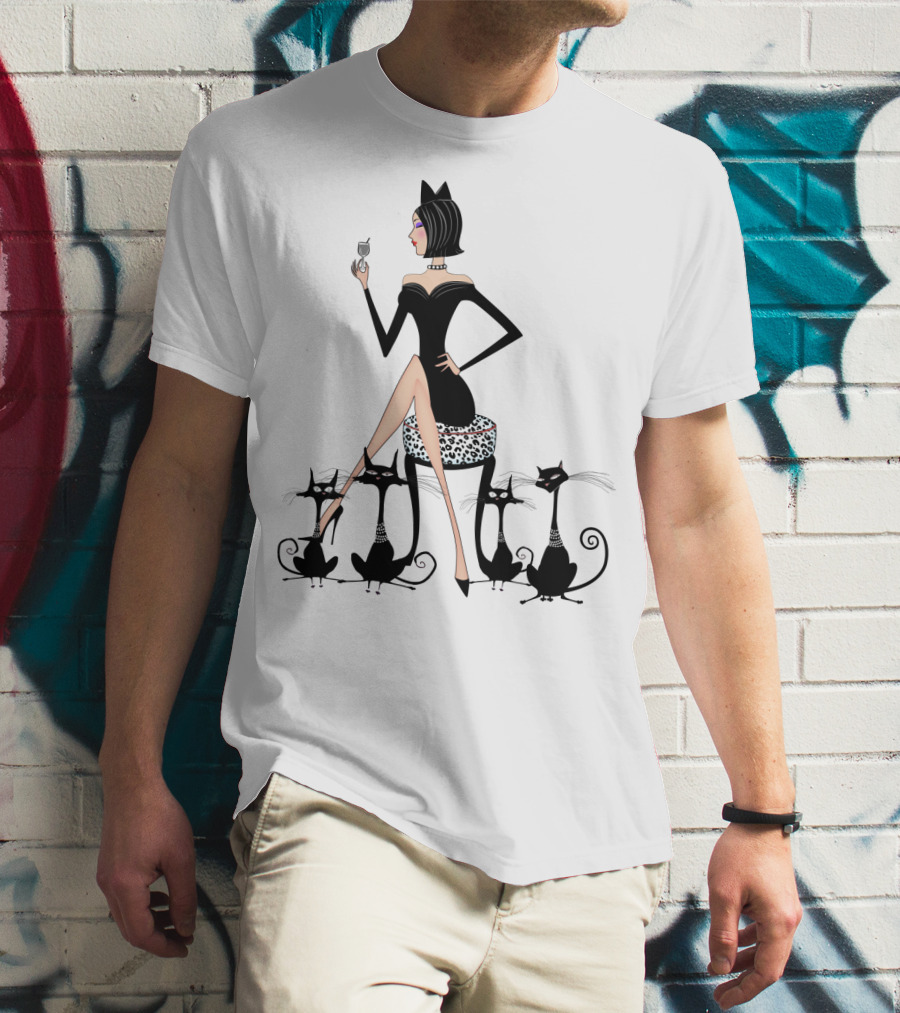 Stylish Cat Lady With Elegant Black Cats And Wine T-Shirt