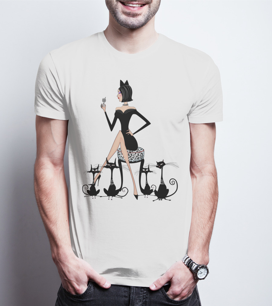 Stylish Cat Lady With Elegant Black Cats And Wine T-Shirt